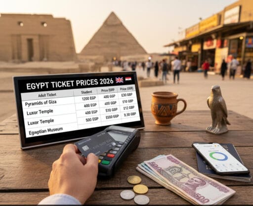 A traveler paying with a contactless card at an outdoor cafe in Egypt with the Pyramids in the background, comparing Egyptian Pound banknotes and digital payment methods.
