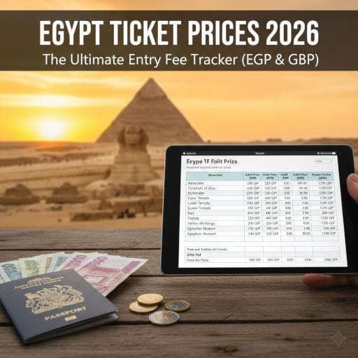 An Egyptian travel budget guide for 2026 showing a tablet with ticket prices for the Pyramids of Giza, Luxor Temple, and the Valley of the Kings in EGP and GBP, placed next to a UK passport, Egyptian banknotes, and coins with the Sphinx and Pyramids in the background.
