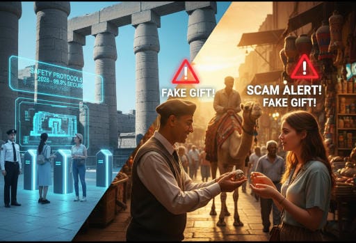 split screen showing genuine entrance to a tourist attraction and a street seller hustling a female tourist