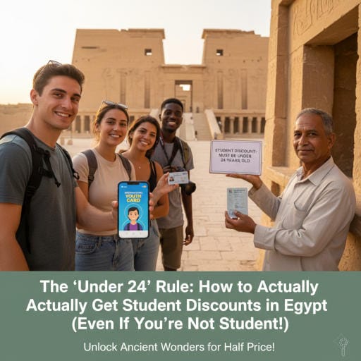 A group of young travelers standing in front of an ancient Egyptian temple; one traveler shows a "Youth Card" on a smartphone while an Egyptian official holds a sign explaining the "Under 24" student discount rule for entry fees.