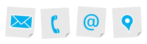 a picture showing contact icons in electric blue. A mail icon, phone icon, email @ sign icon and map location icon