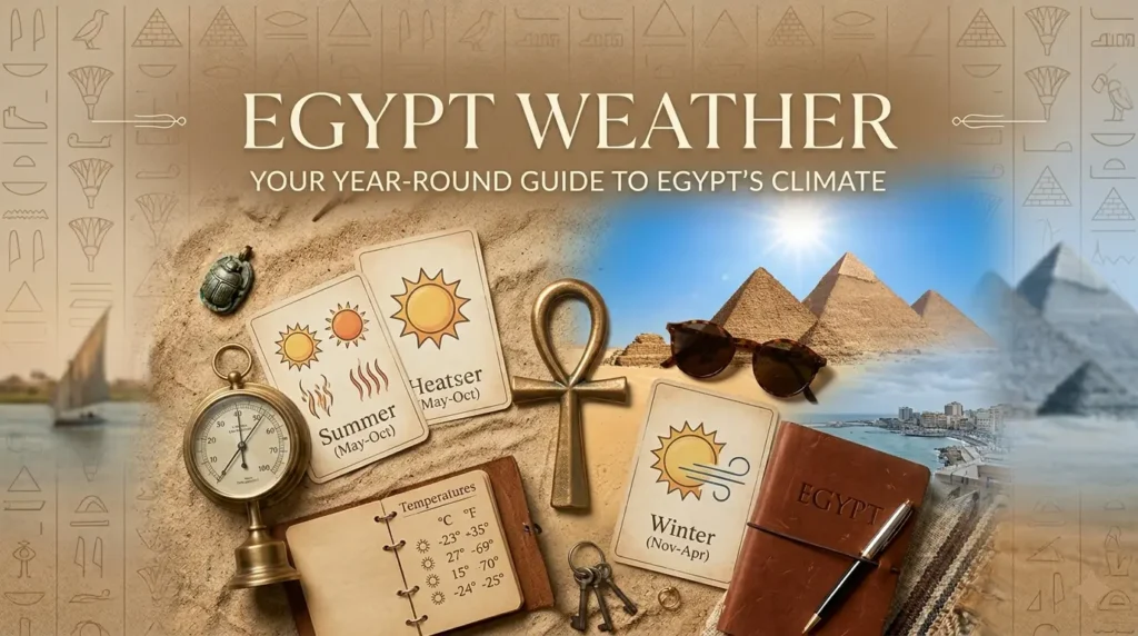 Egypt weather guide web banner styled as a flat lay on sand with a vintage thermometer, an leather journal, and illustrated seasonal cards for Summer and Winter. The background shows a split scene of the sunny Pyramids and a cooler Alexandria coast under the header text "EGYPT WEATHER - YOUR YEAR-ROUND GUIDE TO EGYPT'S CLIMATE".