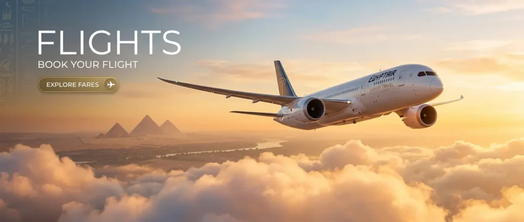 Website banner for Egypt flights featuring a modern white airplane flying above a sea of fluffy golden clouds at sunset, with the Giza Pyramids visible in the distant background. Text on the left reads "FLIGHTS - BOOK YOUR FLIGHT" with an "EXPLORE FARES" button.