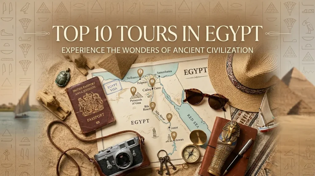 Flat lay travel banner for Egypt tours featuring an illustrated map of Egypt highlighting Cairo, Luxor, and Aswan, surrounded by sand, a vintage camera, a passport, sunglasses, and small Egyptian artifacts. Header text reads "TOP 10 TOURS IN EGYPT - EXPERIENCE THE WONDERS OF ANCIENT CIVILIZATION".
