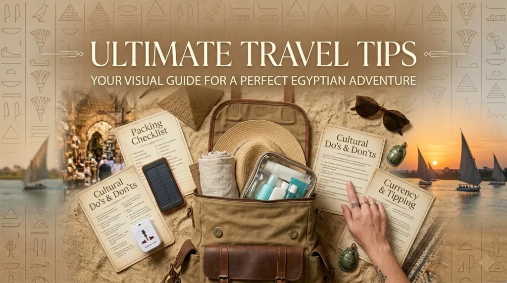 Travel tips website banner designed as a packing flat lay around an open canvas backpack filled with a sun hat and toiletries. Surrounding items include printed cards for a "Packing Checklist", "Cultural Do's & Don'ts", and "Currency & Tipping". Header text reads "ULTIMATE TRAVEL TIPS - YOUR VISUAL GUIDE FOR A PERFECT EGYPTIAN ADVENTURE".