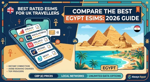 Featured blog post banner comparing Egypt eSIM providers for UK travellers in GBP (£). Shows a smartphone displaying Airalo, Maya Mobile, Holafly, Jetpac, and Saily apps alongside illustrations of the Giza Pyramids and Sphinx.