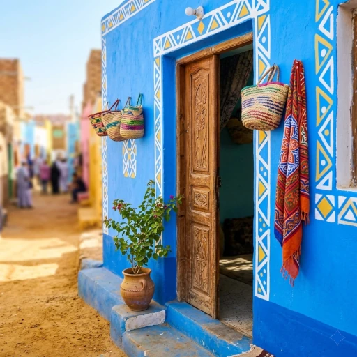 Photo showing a bright blue Nubian style house in Aswan, Egypt in a back street 