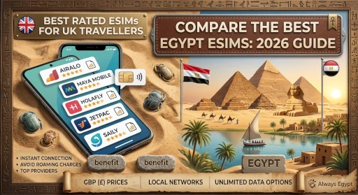 Featured blog post banner comparing Egypt eSIM providers for UK travellers in GBP (£). Shows a smartphone displaying Airalo, Maya Mobile, Holafly, Jetpac, and Saily apps alongside illustrations of the Giza Pyramids and Sphinx.
